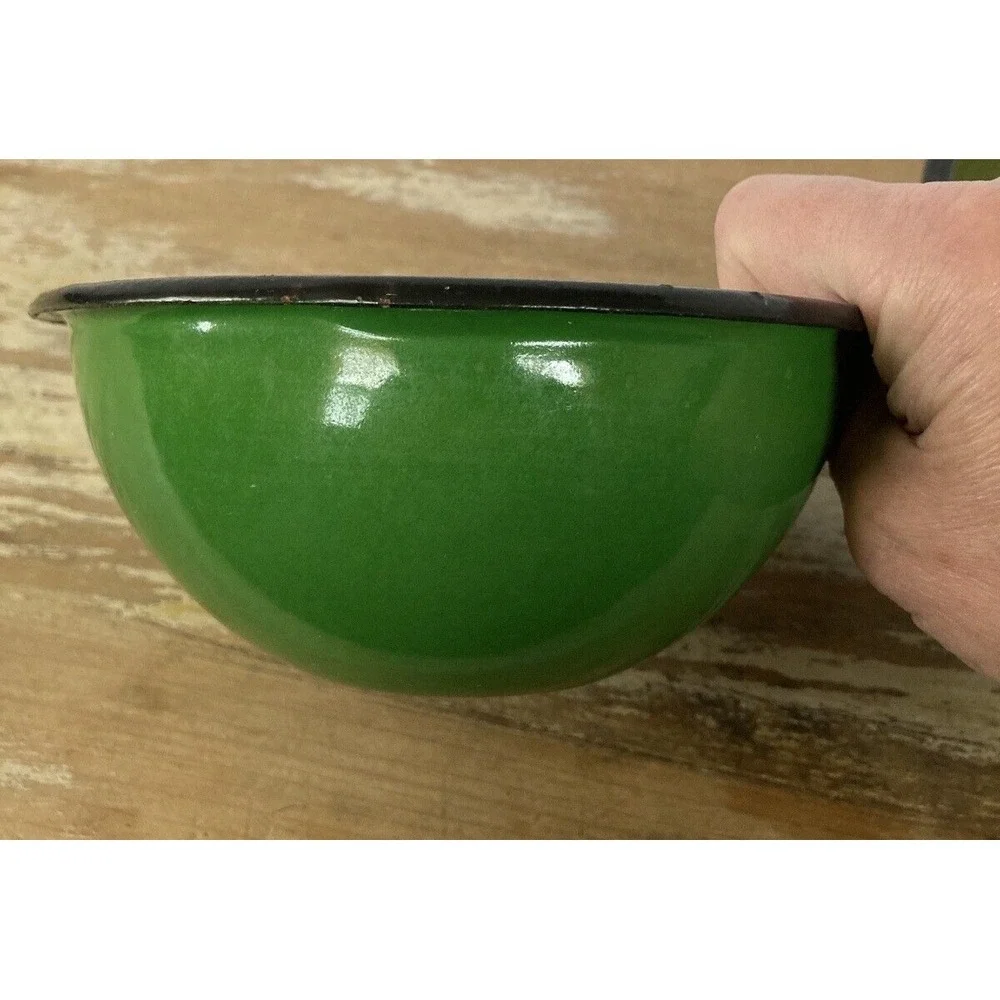 Vintage enameled enamelware bowls blue green olive Made in Poland stamp